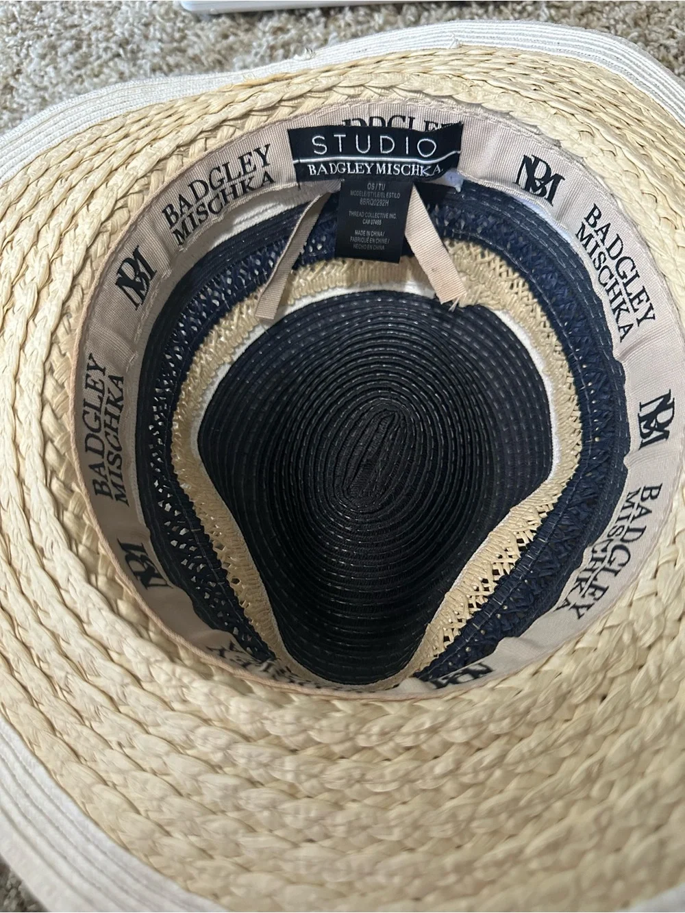 Badgley Mischka Navy, Natural & White Striped Straw Sun Hat